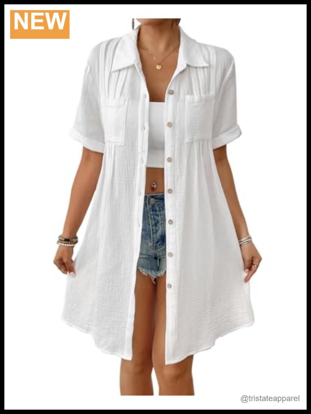 Women's Cotton Swim Coverup Shirt Short Sleeve Wrinkled Beach Vacation
